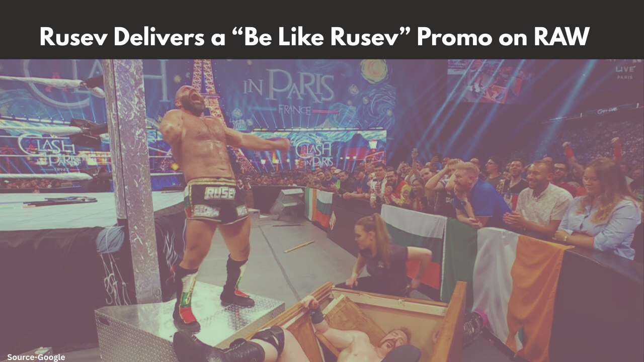 Rusev facing off against Sheamus in their Clash in Paris match with intense expressions.Ending Image: Split-frame design – old heel Rusev vs new inspiring Rusev as a beacon.